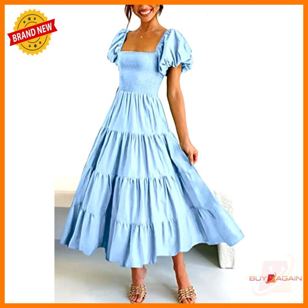 Summer Midi Dress Puffy Sleeve Square Neck Smocked Tiered Ruffle Fit Flare - Picture 2 of 7
